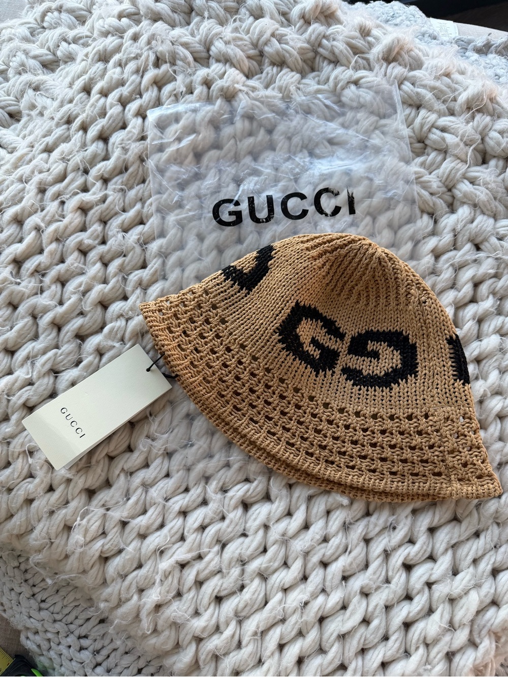 Vintage GUCCI Crochet Bucket Hat in Tan & Black - NWT